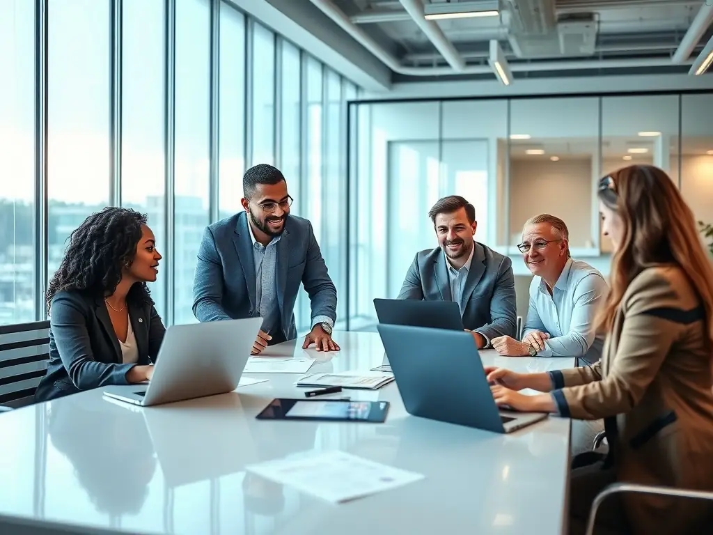 A diverse team of consultants collaborating in a modern office, symbolizing Sanodea Group's strategic advisory services.