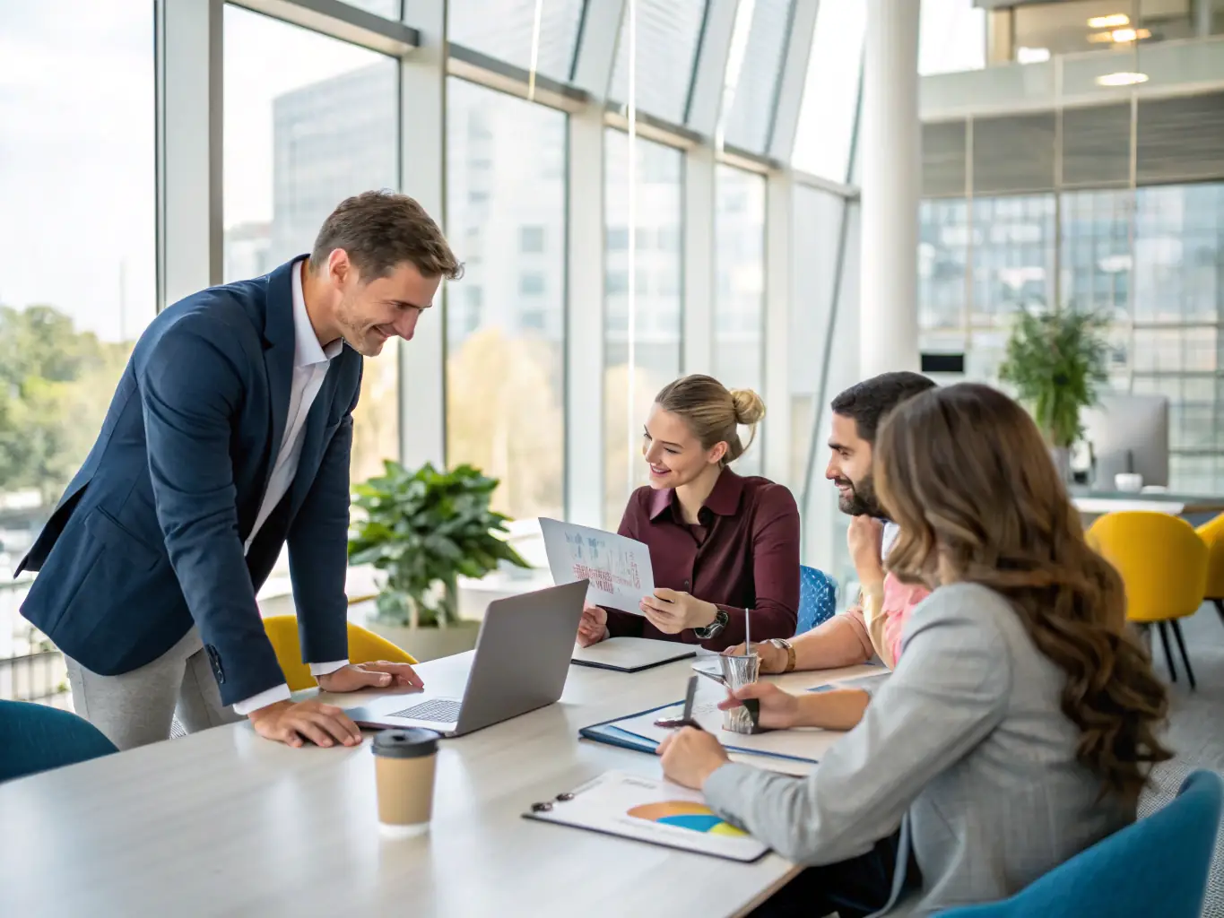 A consultant from Sanodea Group is leading a workshop with a client's executive team, focusing on strategic alignment and problem-solving in a modern, well-lit conference room.