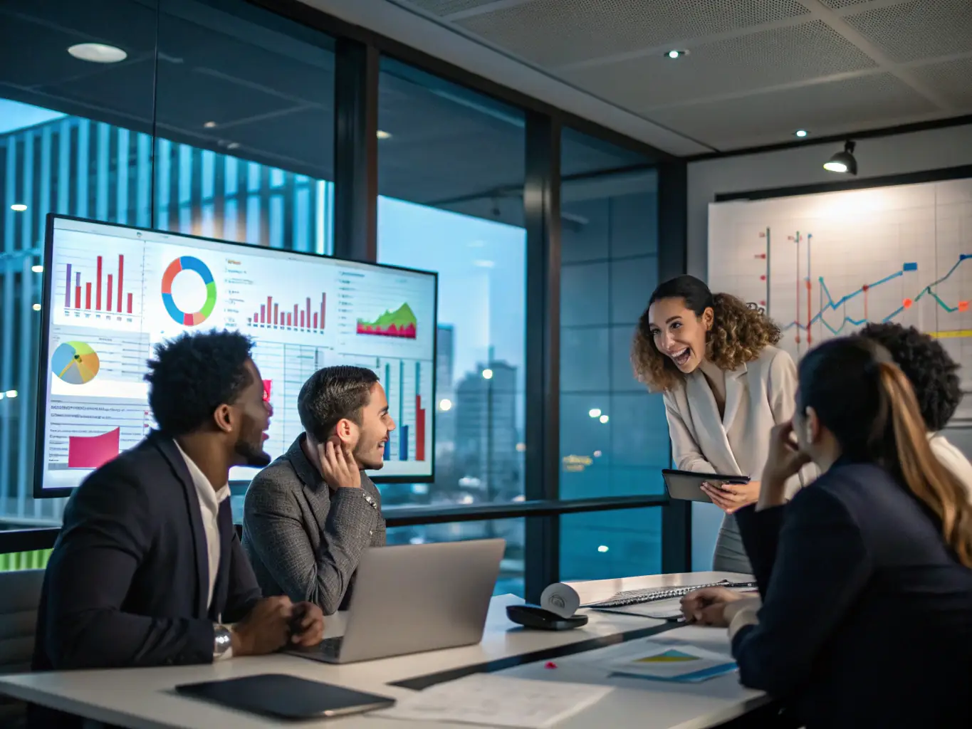A diverse team of Sanodea Group consultants collaborating on a market analysis report, utilizing advanced data visualization tools to identify market opportunities and strategic advantages.