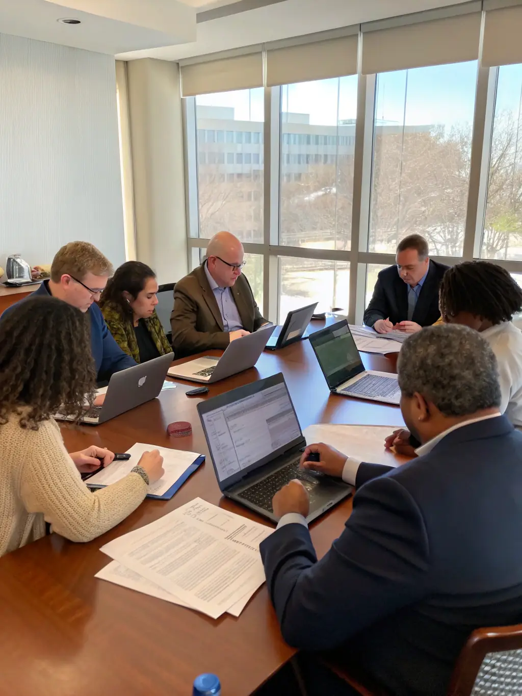 A leadership team collaborating in a modern boardroom, discussing strategic initiatives and performance metrics for a major transformation project.